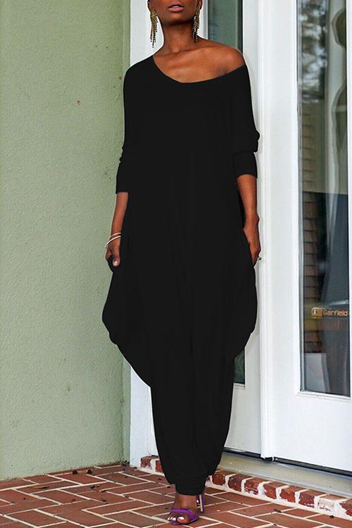 Long Sleeve Wide Leg Pockets Baggy Jumpsuit Black