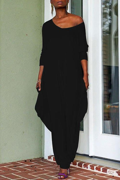 Long Sleeve Wide Leg Pockets Baggy Jumpsuit Black