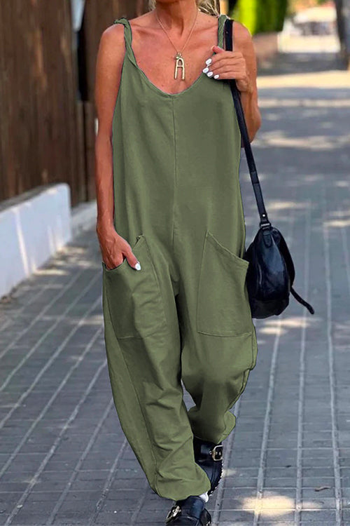 Rosiedress Scoop Neck Pockets Solid Slouchy Cami Jumpsuit ArmyGreen