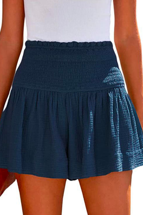 Elastic Smocked Waist Wide Leg Solid Shorts DarkBlue