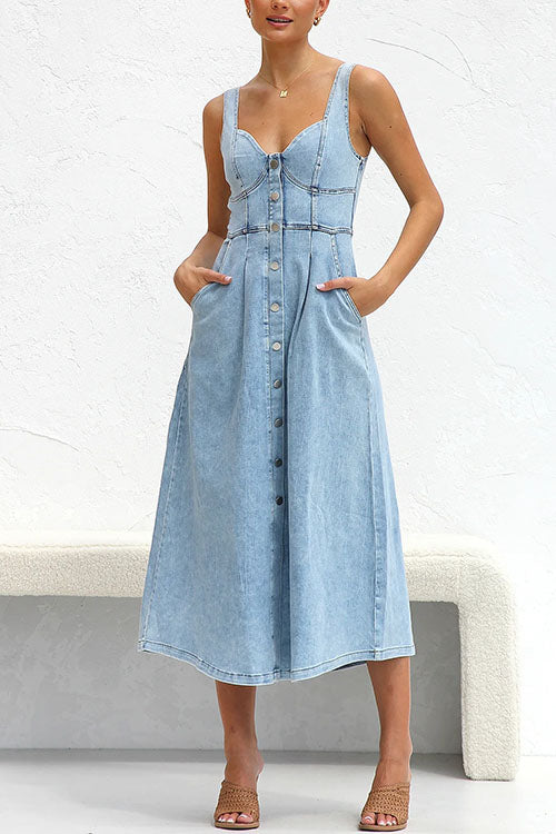 Rosiedress Distressed Button Down Pocketed Denim A-line Midi Cami Dress LightBlue