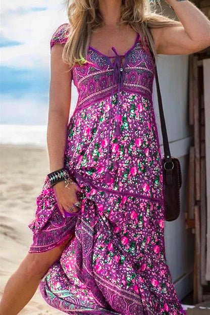 Rosiedress Tassel V Neck Bohemia Printed Maxi Beach Dress Purple