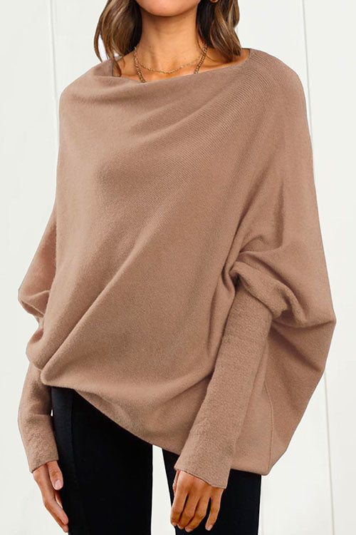 Rosiedress Solid Batwing Sleeves Slouchy Knit Sweater Brown