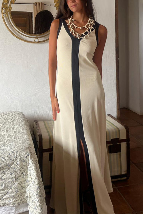 V Neck Sleeveless Color Block Slit Front Maxi Dress