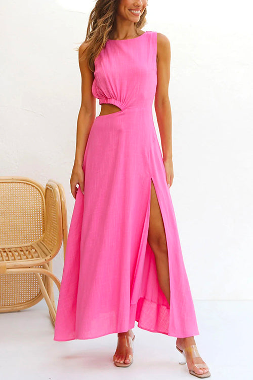 Rosiedress Sleeveless Cut Out Waist High Slit Maxi Swing Dress