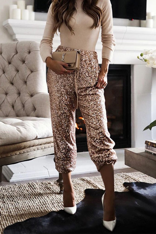 Drawstring Waist Sparkly Sequin Jogger Pants Rose Gold