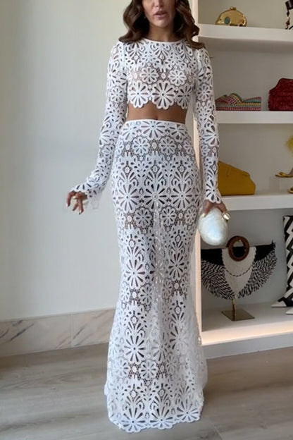 Rosiedress Crochet Lace Cover-up Crop Top and Maxi Skirt Vacation Set White