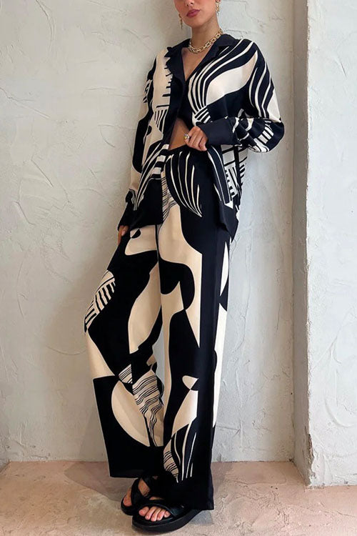 Rosiedress Graphic Printed Long Sleeve Blouse Shirt Wide Leg Pants 2 Pieces Set