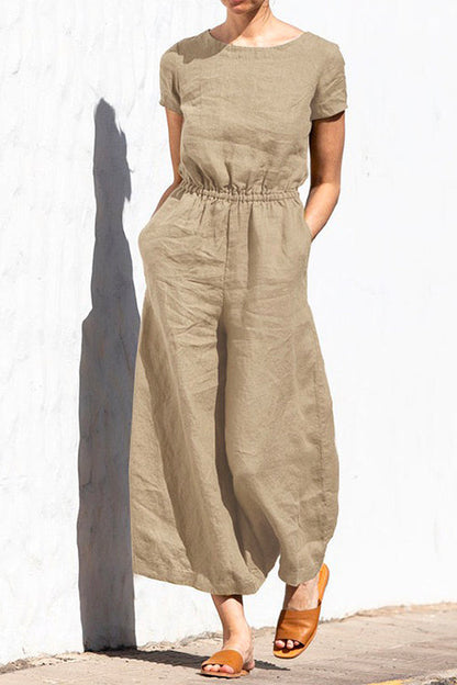 Short Sleeve High Waist Wide Leg Slouchy Jumpsuit Khaki