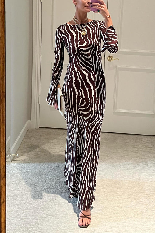 Rosiedress Boat Neck Bell Sleeves Animal Print Maxi Dress