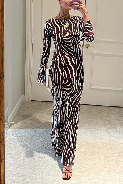 Rosiedress Boat Neck Bell Sleeves Animal Print Maxi Dress