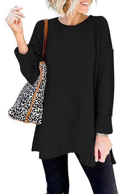 Side Split Ribbed Trim Loose Mid Sweater Black