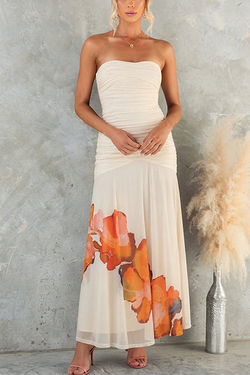 Strapless Ruched Watercolor Print Maxi Dress
