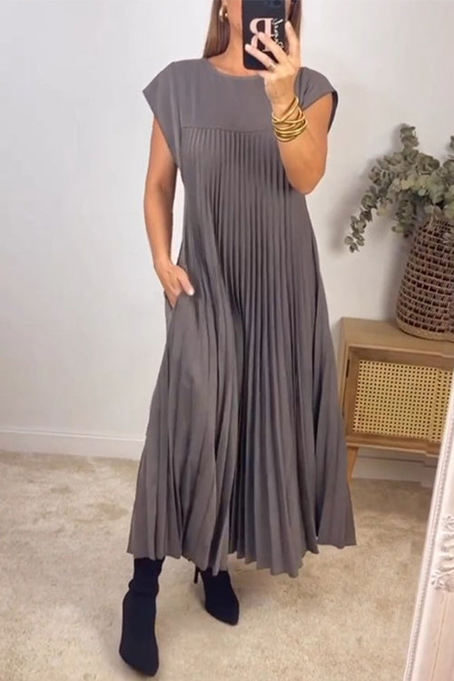 Cap Sleeves Pocketed Loose Pleated Maxi Dress Gray