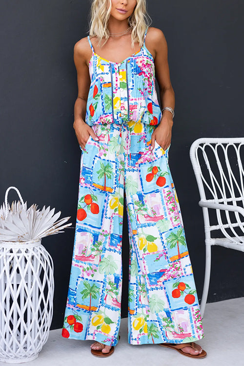 Wide Leg Pocketed Abstract Print Pants