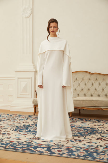 Piroska White Pearl Trim Shawl Detail Maxi Dress