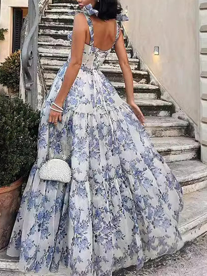 Elegant Floral Strap Princess Dress