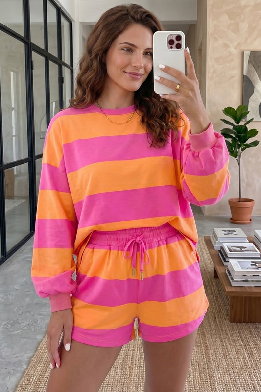 Pink Stripe Long Sleeve Casual Top Drawstring Shorts 2pcs Set