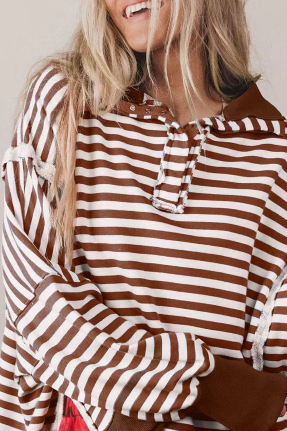 Oversized Striped Henley Sweatshirt