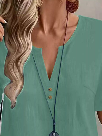 Notched Short Sleeve Blouse