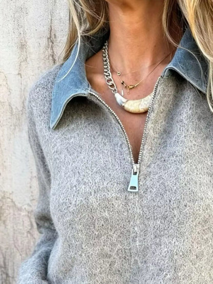 Contrast Denim Collar Half-Zip Knit Sweater