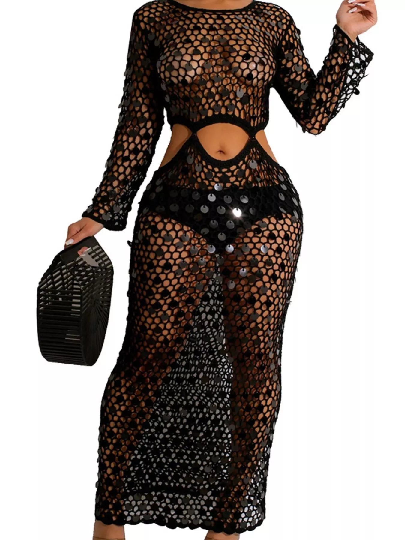 Pailletten-Maxikleid mit Netzeinsatz