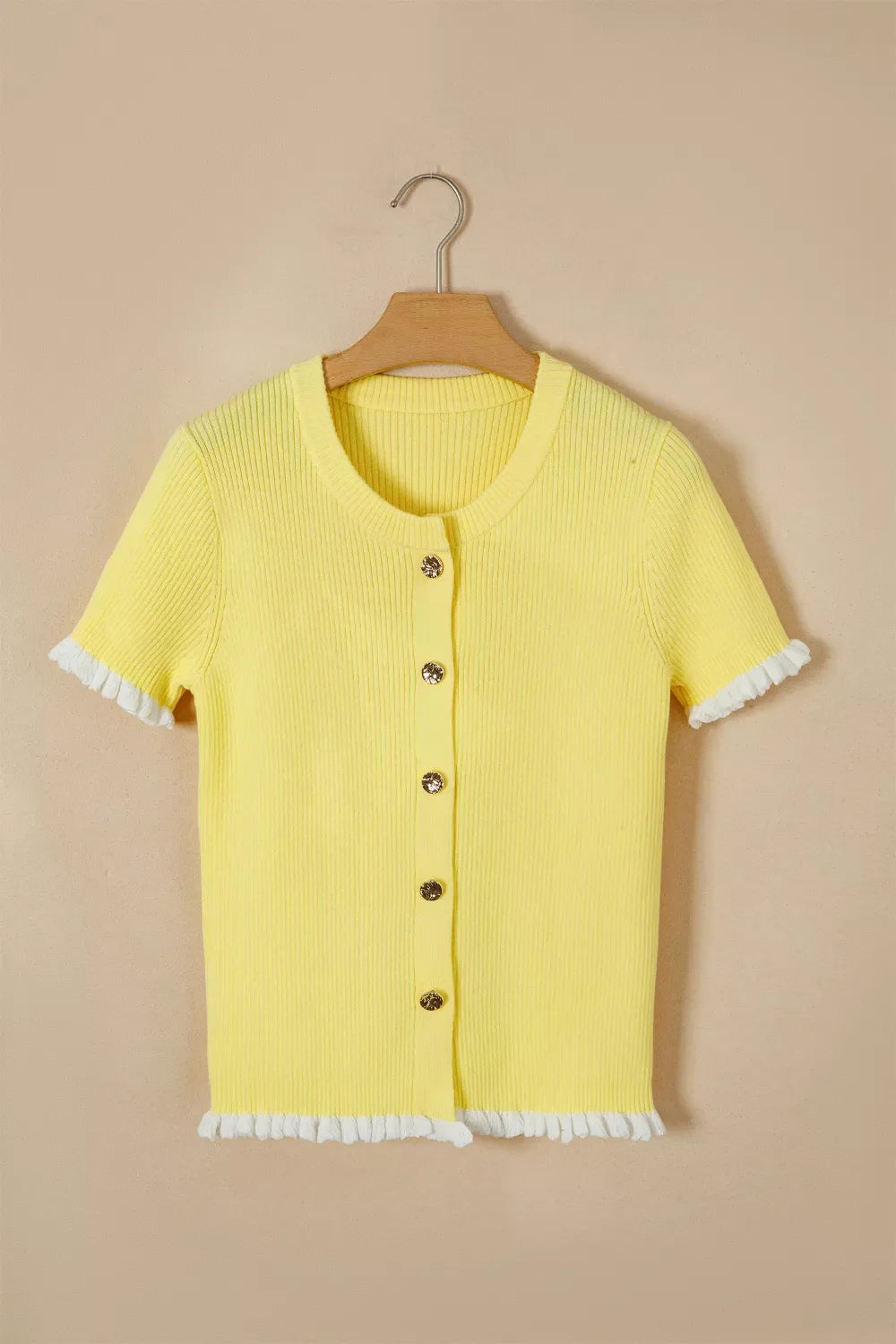 Ribbed Knit Contrast Frilled Short Sleeve Sweater Cardigan