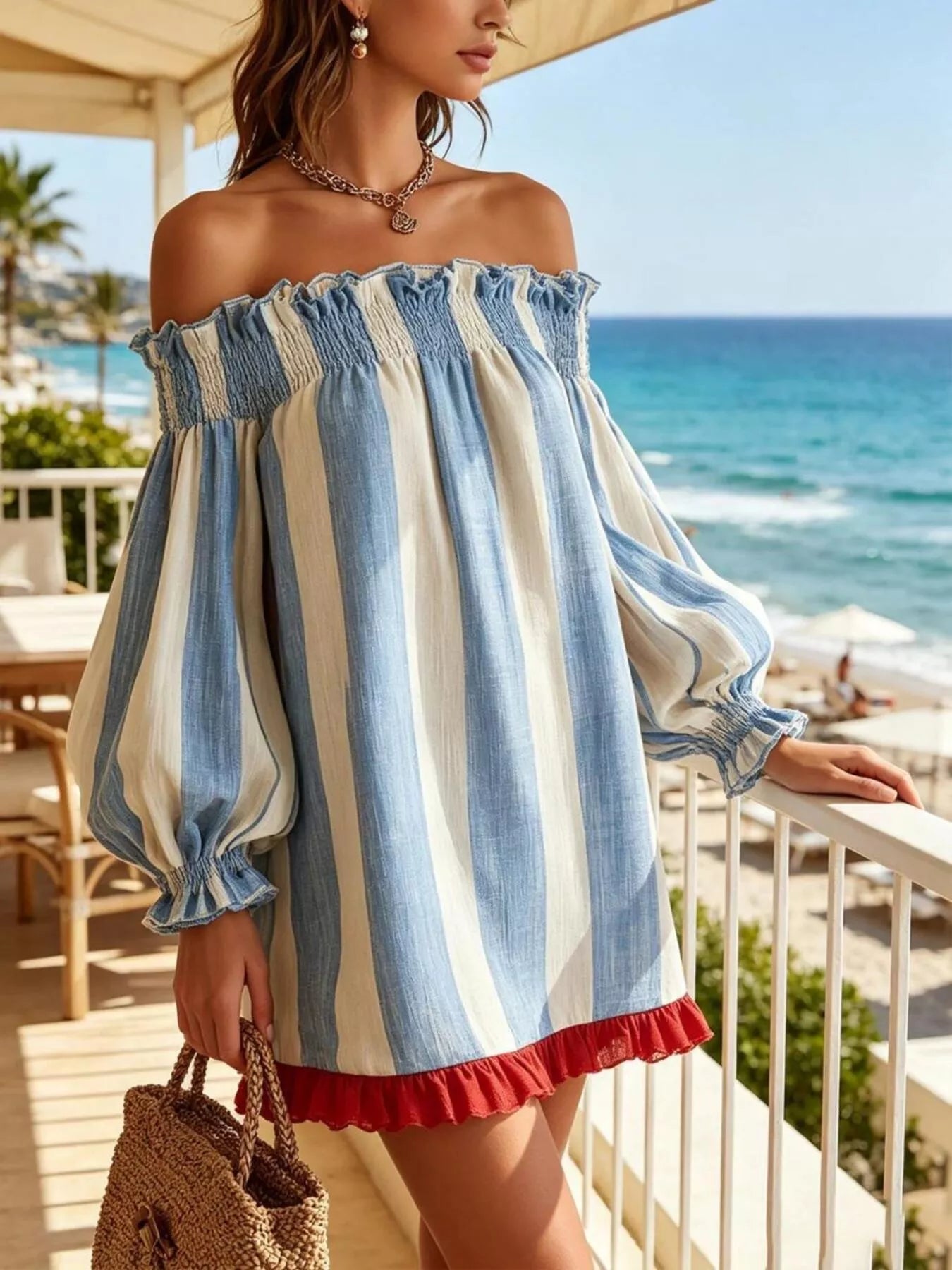 Off-Shoulder Striped Ruffle Hem Mini Dress