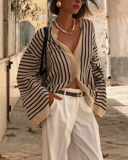 Fashionable and versatile striped slit casual shirt