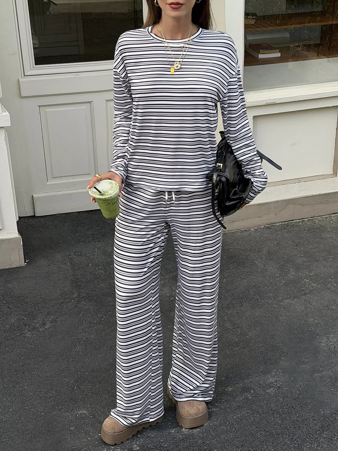 Striped Casual Long Sleeve Top and Wide Leg Pants Set