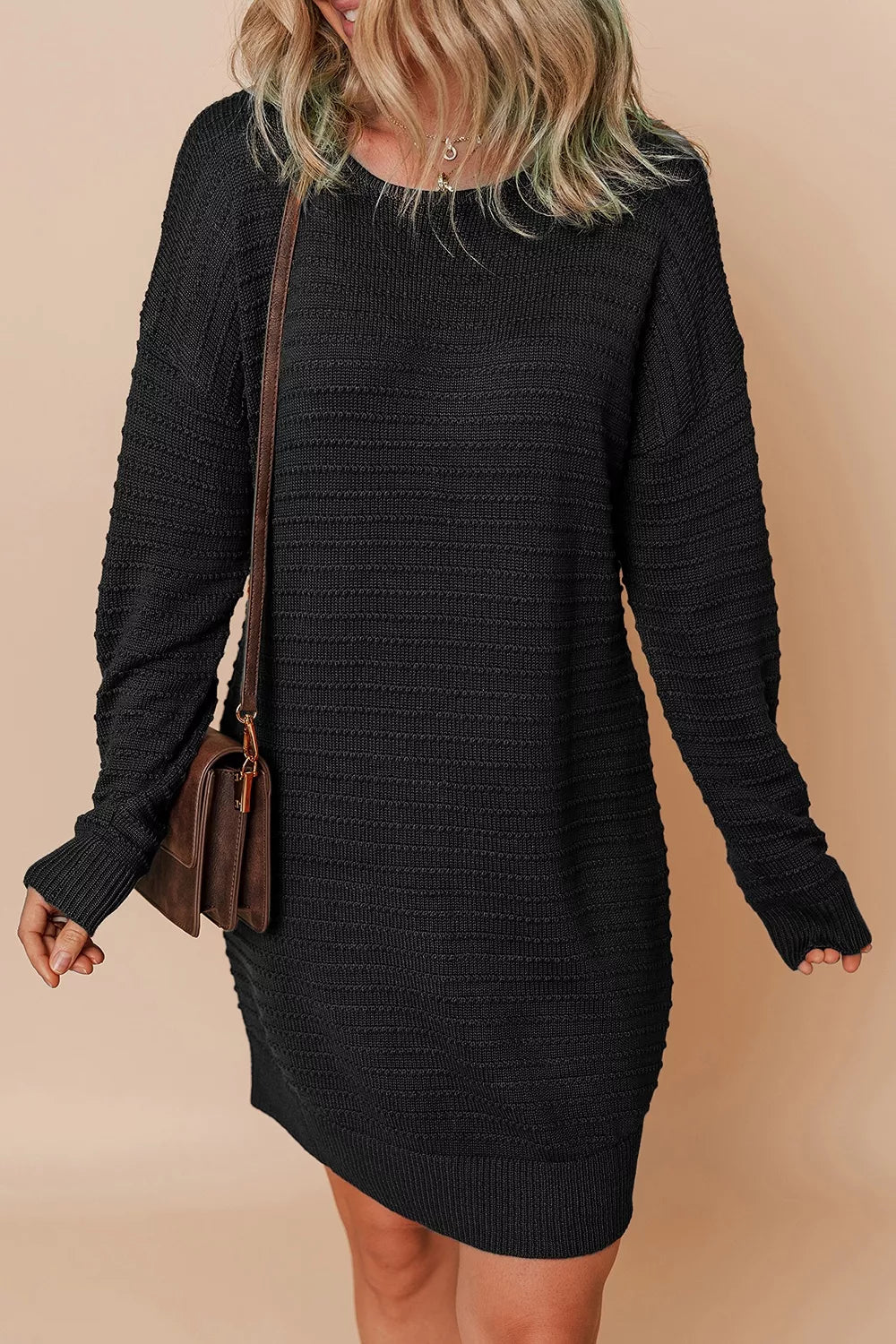 Solid Color Raised Rib Knit Dolman Sleeve Shift Sweater Dress
