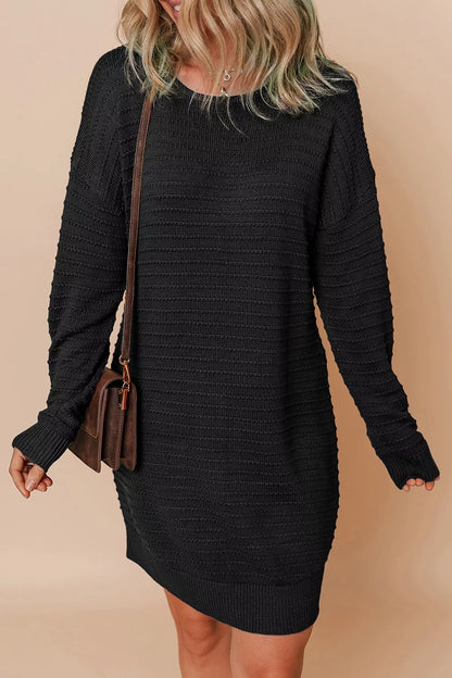 Solid Color Raised Rib Knit Dolman Sleeve Shift Sweater Dress