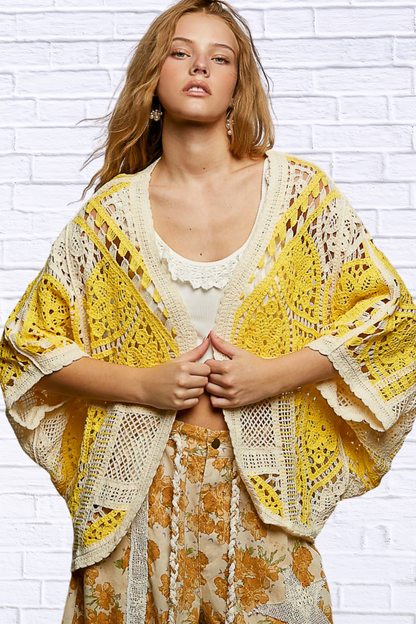Golden Glow  Open Front Crochet Cardigan with Scalloped Edge