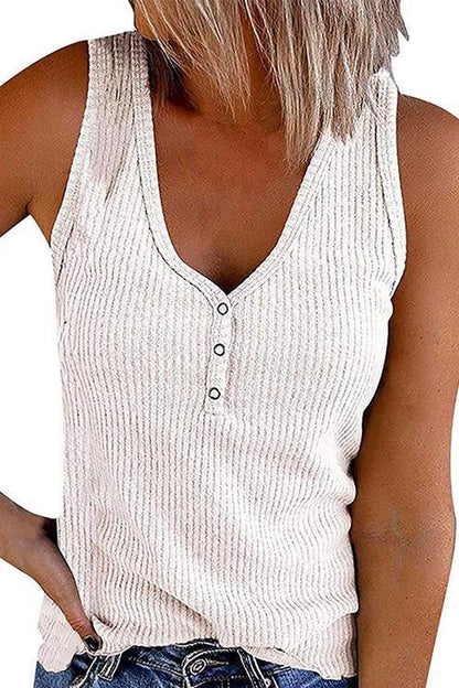 Buttons V Neck Sleeveless Solid Top White