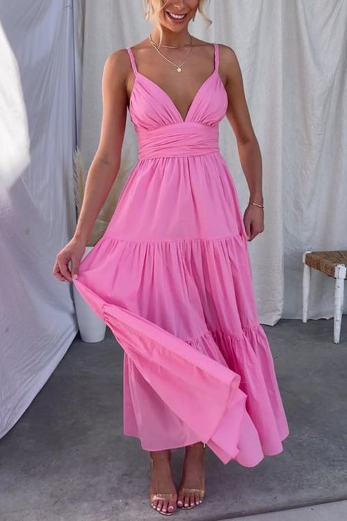 V Neck Tie Back Ruffle Tiered Maxi Cami Dress