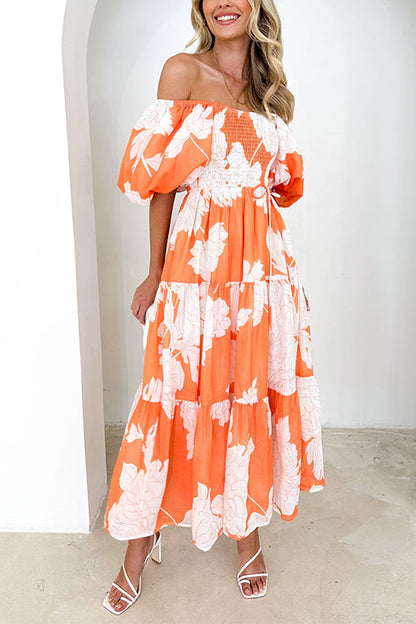 Rosiedress Off Shoulder Puff Sleeves Tiered Printed Midi Swing Dress