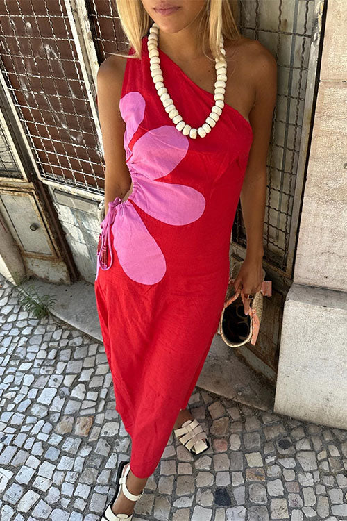 Robe longue à imprimé floral découpée avec cordon de serrage et une épaule