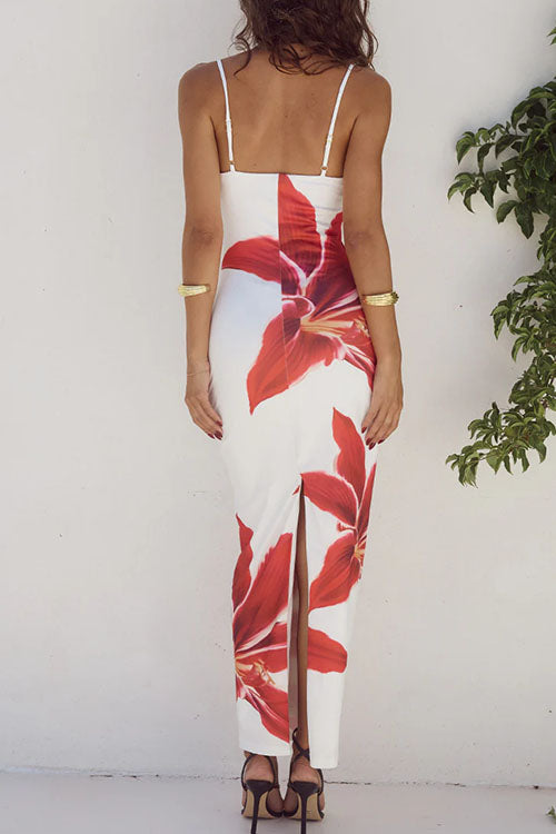 Rosiedress Spaghetti Strap Back Slit Lily Print Bodycon Maxi Dress