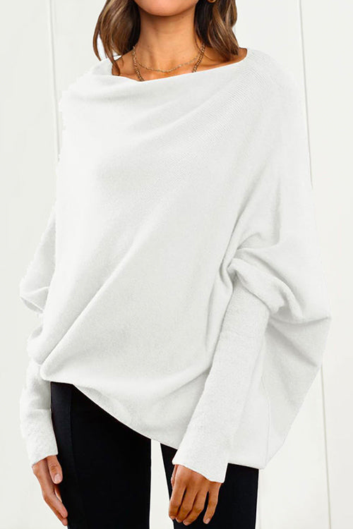 Solid Batwing Sleeves Slouchy Knit Sweater White