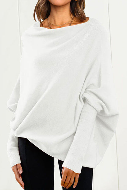 Solid Batwing Sleeves Slouchy Knit Sweater White