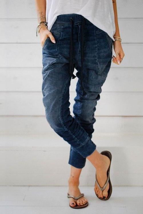 Rosiedress Drawstring Waist Ruched Harem Denim Joggers DarkBlue