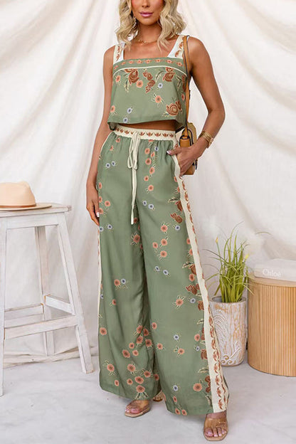 Drawstring Elastic Waist Floral Print Wide Leg Pants