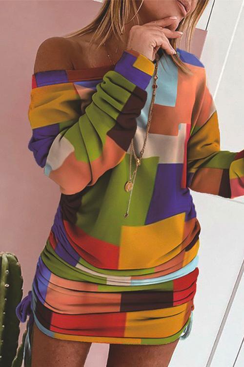 Casual Side Drawstring Ruched Printed Dress Multi