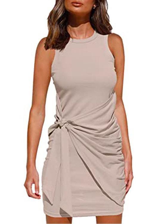 Rosiedress Crewneck Knot Front Ruched Sleeveless Dress Apricot