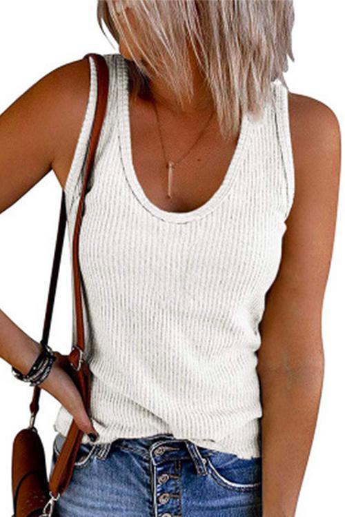 Rosiedress Scoop Neck Ribbed Solid Sleeveless Top White