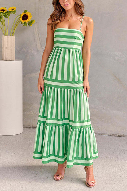 Rosiedress Spaghetti Strap Ruffle Tiered Color Block Striped Maxi Dress