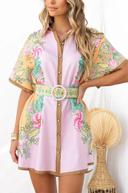 Short Sleeves Button Down Printed Mini Shirt Dress with Belt Pink