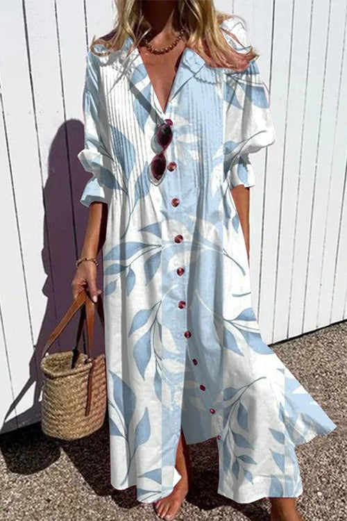 Rosiedress Ruched Button Down Balloon Sleeves Printed Maxi Dress LightBlue