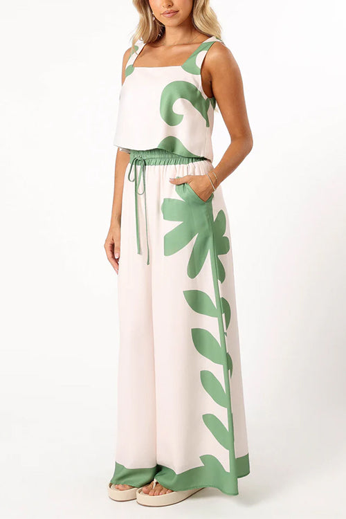 Rosiedress Printed Square Collar Crop Tank Top Drawstring Waist Wide Leg Pants Set