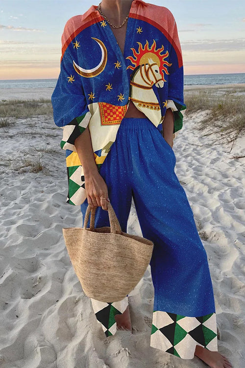 Tropic Print Button Down Blouse Shirt Elastic Waist Wide Leg Pants Vacation Set Blue